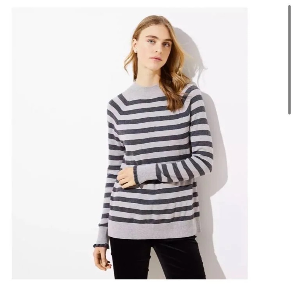 Loft Sweaters Loft Striped Ruffle Cuff Mock Neck Sweater
